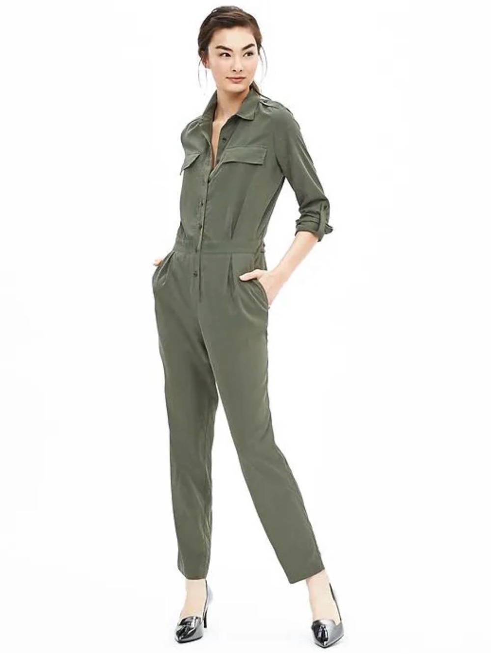 NWT Banana Republic Tencel Utility Jumpsuit Olive Green Size 00 Petite